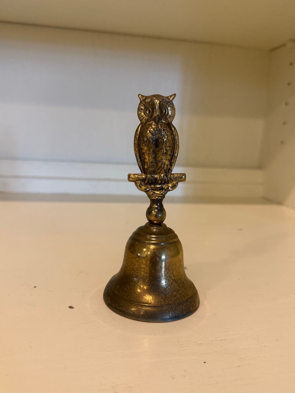 Vintage Solid Brass Owl Hand Bell Perched Owl Finial Table Service Bell
